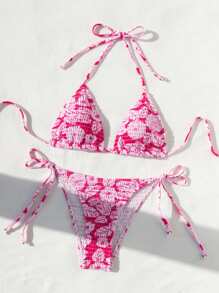 Swim Mod Summer Beach Plant Printed Halter Neck Shirred Bikini Set - Multicolor - View 3