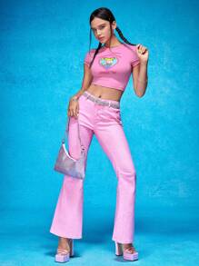 Nick 90s | SHEIN 女式卡通人物和字母图案短款夏季粉色可爱 Y2K 夏季粉色 T 恤 自 91 年以来引领潮流 - 粉色 - 查看 5