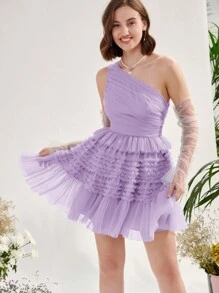 Enchnt Women's One Shoulder Mesh Multi-Layered Design Fashion Dress, Perfect For Parties And Gatherings - Mauve Purple - View 5