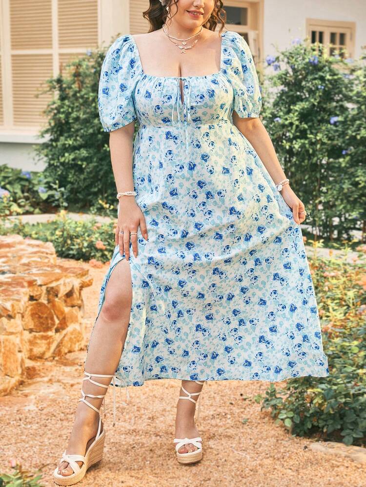 Plus Size Women's Side Slit Short Bubble Sleeve Dress With All-Over Floral Print