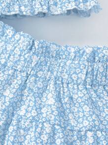 SHEIN 少女全印花方領上衣，配有荷葉邊袖口和裙子，2件套裝 - 淺藍色 - 查看 6
