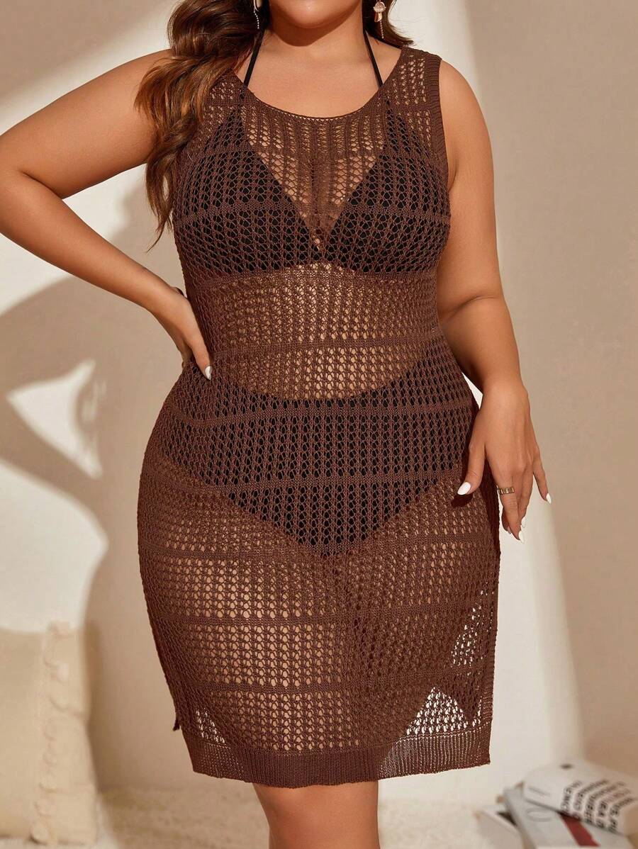 SHEIN Swim Curve Váy có cổ tròn không tay có kích thước lớn dành cho nữ - Cà phê nâu - Xem 1