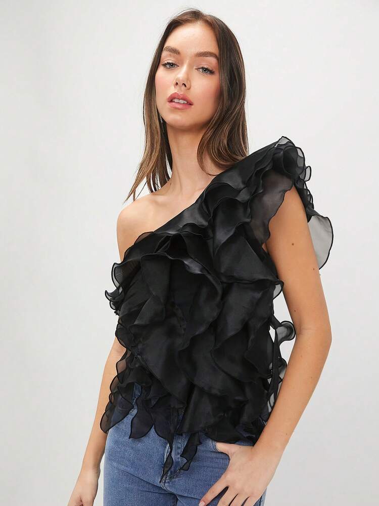 Ladies' Solid Color Asymmetric Ruffle Collar Black Summer Top