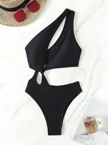 SHEIN Swim 女士黑色性感不对称镂空时尚连体泳衣（母女装，两件套单独出售），适合夏季海滩度假