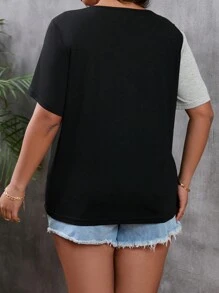SHEIN LUNE Plus Size Hollow Out Contrast Collar Color Block T-Shirt - Multicolor - View 2
