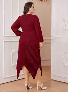 Modelyn Burgundy Red Plus Size Solid Color Lantern Sleeve Pleated Hanky Hem Dress