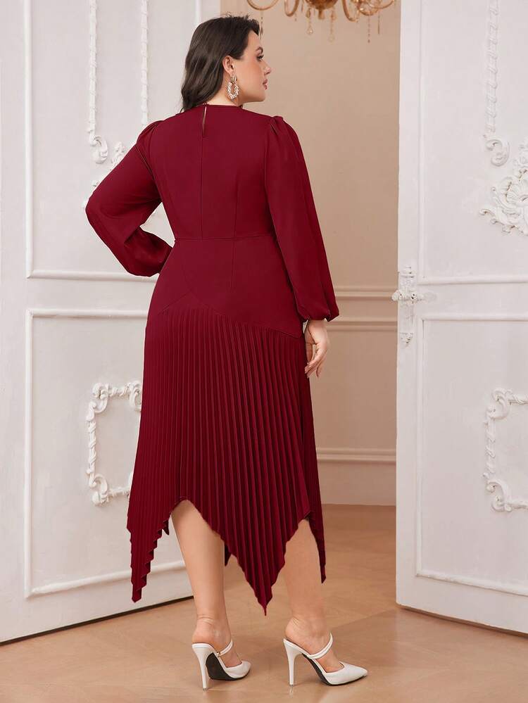 Burgundy Red Plus Size Solid Color Lantern Sleeve Pleated Hanky Hem Dress