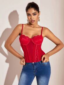 SHEIN BAE 束腰上衣情人節紅色上衣夏季背心內衣紅色束腰蕾絲束腰 - 紅色 - 查看 5
