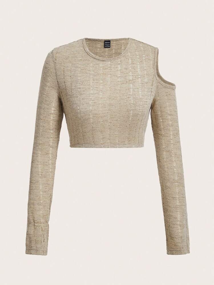 Women's Hollow Out Fabric Round Neck Open Shoulder T-Shirt