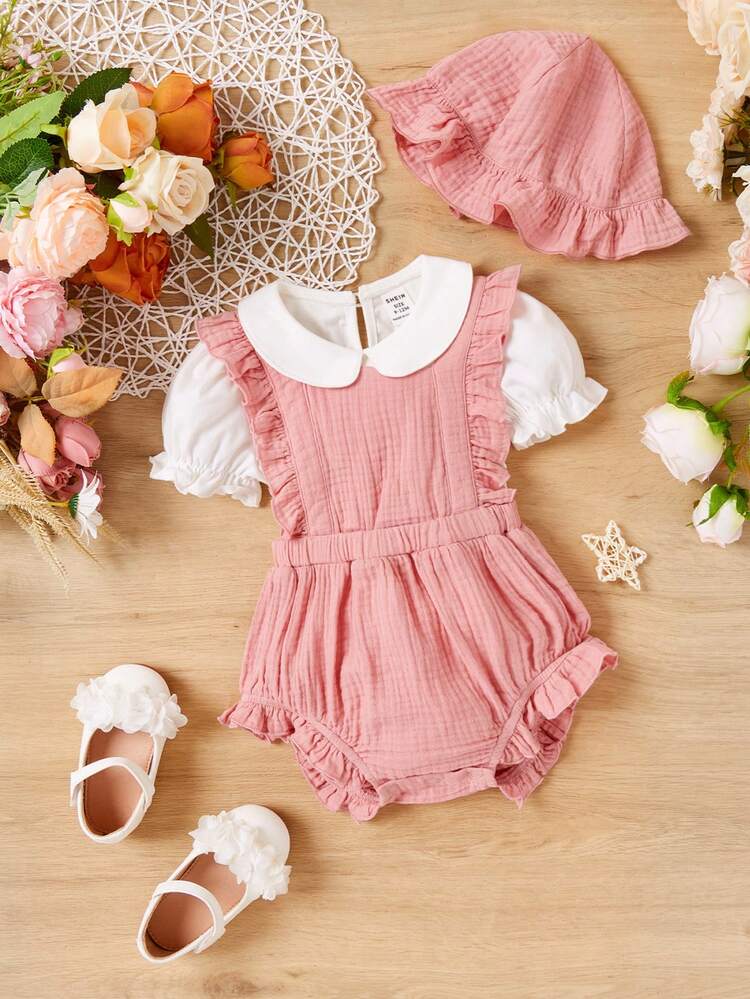 Cute Knitted Solid Color Peter Pan Collar Short Sleeve Top & Bodysuit And Hat Outfits For Baby Girl