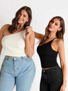 SHEIN BASICS 단색 원숄더 타이트 크롭 탑 - 멀티컬러 - 보기 4