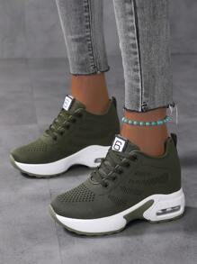 Fall/Winter Women's Solid Color Mesh Sneakers, Lace Up Heightening Casual Breathable Sporty Trainers, Low-Top Comfy Shoes - Army Green - View 4