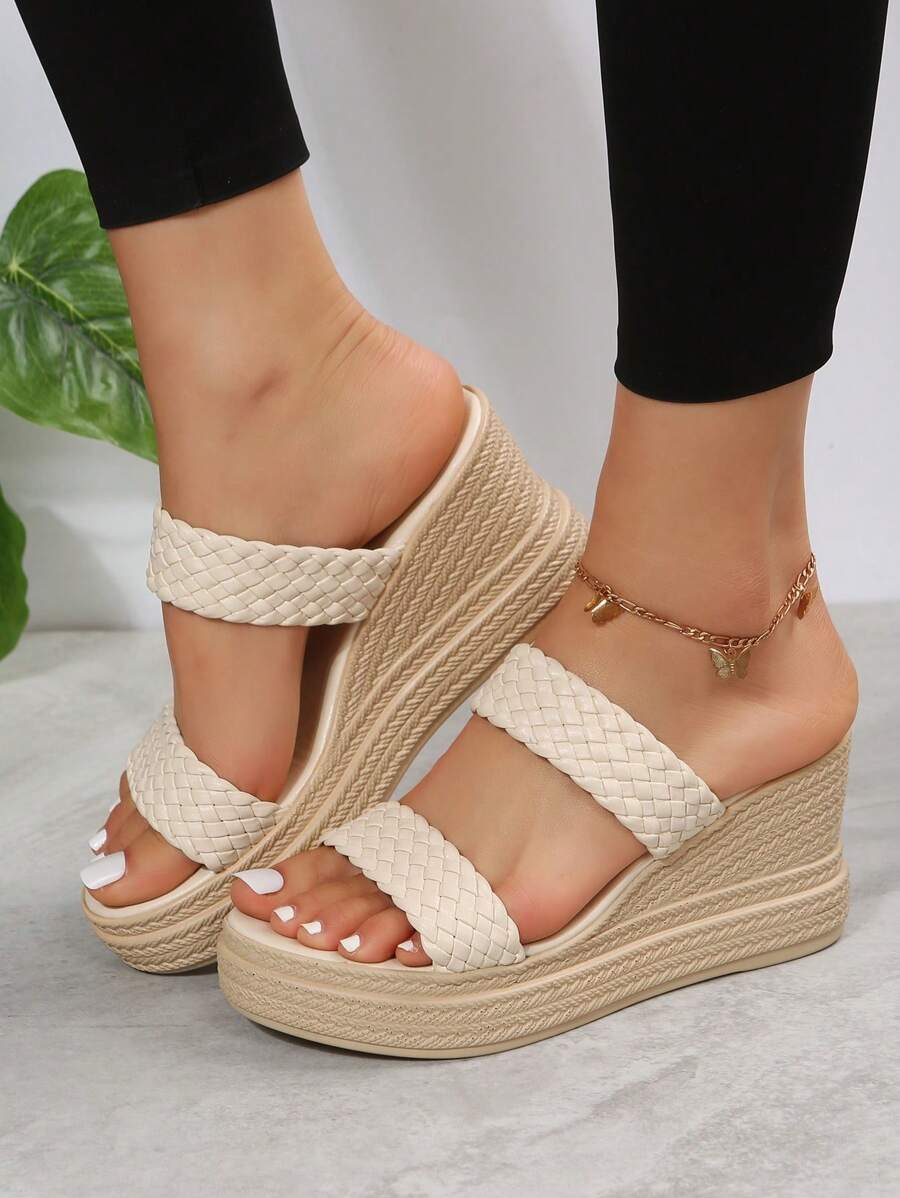 Sandalias Tejidas De Moda Para Mujeres Con Plataforma Gruesa, Tacones De Cuña Y Tacones Altos Para Uso Casual - Beis - Ver 1