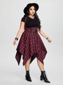 ROMWE Grunge Punk Plus Size Women's Plaid Crisscross Tie Asymmetrical Hem Overall Dress, School Fall - Red - View 5