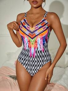 SHEIN Swim Women's Printed Splicing One Piece Swimsuit With Shoulder Straps
