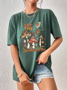 INAWLY Mushroom Letter Print Oversized Short Sleeve T-Shirt, Unisex - Dark Green - View 6