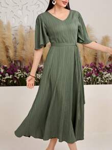 Seusyu Women's Solid Color V-Neck Ruffle Sleeve Dress - Green - View 7
