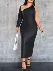 SHEIN Unity Women's Plus Size Hollow Out One Shoulder Sleeveless Dress Fall Cloth For Women - Black - View 3