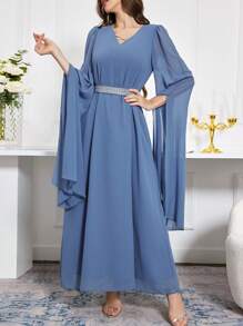 Modelyn Solid Color Cape Sleeve Empire Waist Dress, Elegant Evening Party Maxi Modest Long Sleeve Dress - Blue - View 4