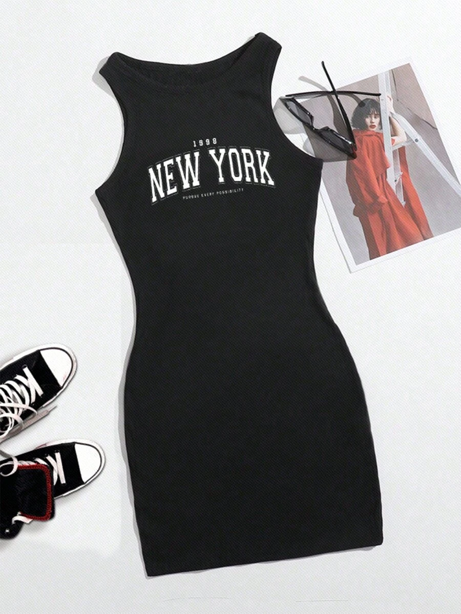 SHEIN EZwear 性感休闲简约纽约字母印花圆领无袖修身迷你连衣裙，适合夏季 - 黑色 - 查看 1