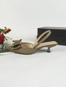 卡其色尖头蝴蝶结装饰舒适女士一脚蹬平底鞋，时尚日常穿着 - 卡其色 - 查看 4
