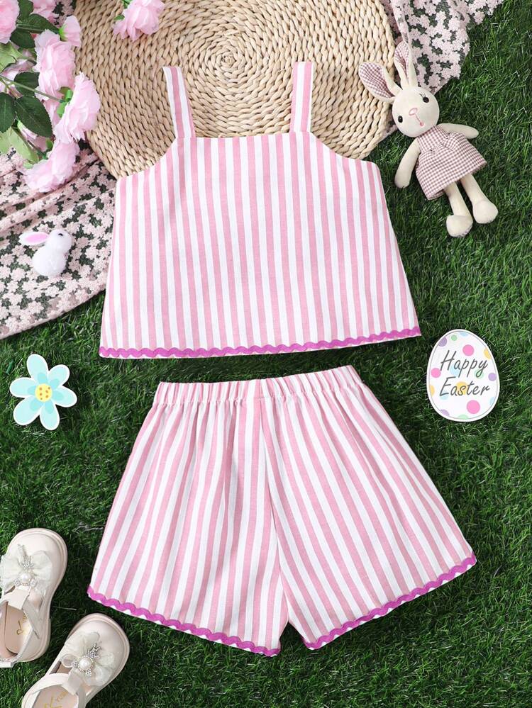 Young Girl Sweet & Lovely 2pcs Set With Wide Strap Camisole Top And Belted Shorts With Wavy Edge And Decorative Weave