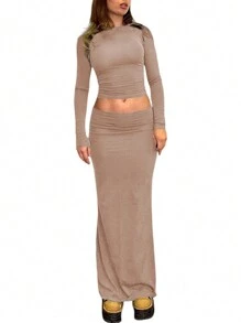 INAWLY Women's Solid Color Slim Fit Two Pieces Set Fall Cloth For Women - Apricot - View 4