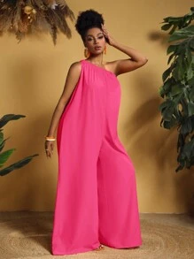 Slaydiva Plus Size Solid Color One Shoulder Wide Leg Jumpsuit - Hot Pink - View 5
