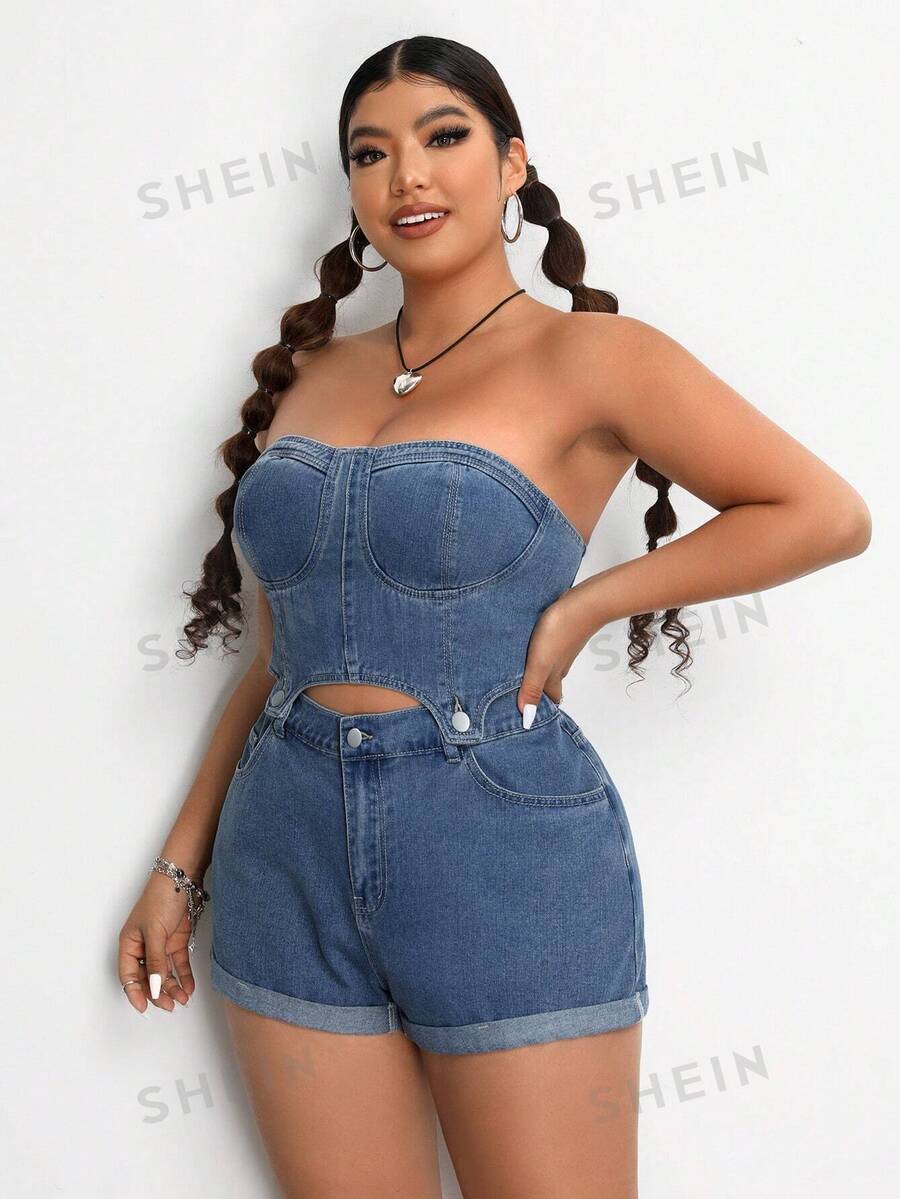 SHEIN EZwear Mono Ajustado Sin Tirantes De Talla Grande Para Mujer En Denim - Azul - Ver 1