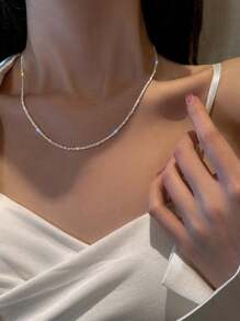 1pc Starry Sky Glitter Chain Necklace, Simple And Flashy Collarbone Chain - Silver - View 1