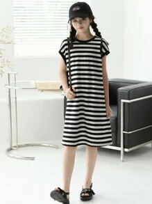 SHEIN Tween Girl Loose Casual Bow Decorated Loose Striped Dress
