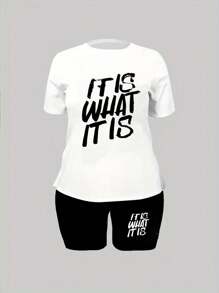 SHEIN Plus Size Casual Two-Piece Set With Slogan Print For Summer - Multicolor - View 3