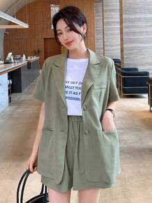 DAZY Business Casual Blazer Collar Short Sleeve Top And High Waist Wide Leg Shorts 2 Pieces Set For Women