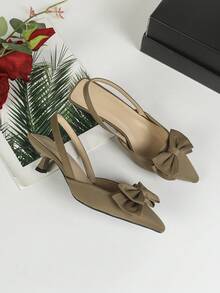 卡其色尖头蝴蝶结装饰舒适女士一脚蹬平底鞋，时尚日常穿着 - 卡其色 - 查看 6