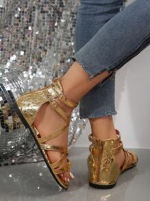女式夏季平底涼鞋,開放式羅馬風格,易穿脫,金色 - 金色 - 查看 2