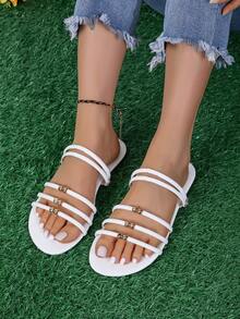 女士實色系,扣環裝飾,帶扣涼鞋,扁跟 - 白色 - 查看 4