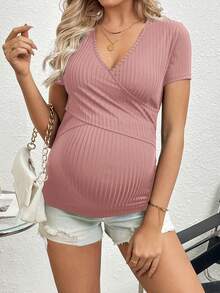 SHEIN Thai sản Màu thuần Gân đan Cho con bú Áo thun - Bụi hồng - Xem 3