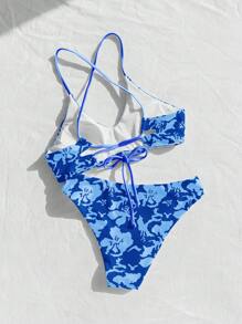 SHEIN Swim 隨機印花十字交叉綁帶分體比基尼套裝，適用於夏季沙灘 - 藍色 - 查看 6
