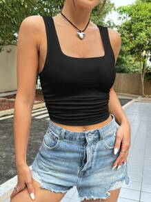 SHEIN EZwear Women's Solid Color Square Neckline Seamless Camisole - Black - View 3