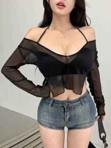 DAZY 女士露肩幻觉网眼长袖衬衫，适合派对/学校活动 - 黑色 - 查看 7