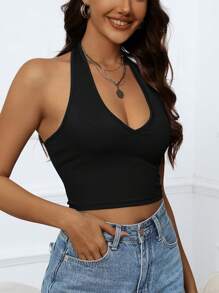 INAWLY 素色螺紋針織繞頸短上衣