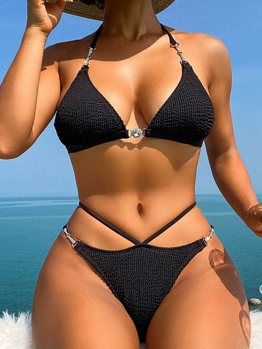 Women's Halter Neck Straps Textured Hollow Out Bikini Set Summer Beach