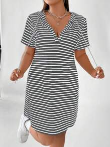 Flirla Striped Ribbed Dress For Plus Size Women - Dark Grey - View 4
