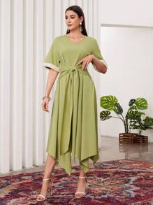 Modelyn Women's Solid Color Plain & Simple Pearl Decorated Cuff Long Dress - Green - View 3
