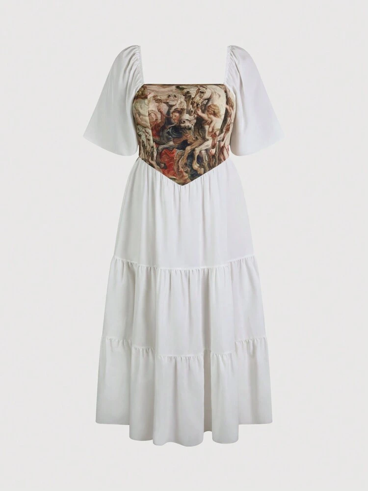 Plus Size Elegant Long Printed Dress With Square Neckline, Ruffle Hem And A-Line Silhouette