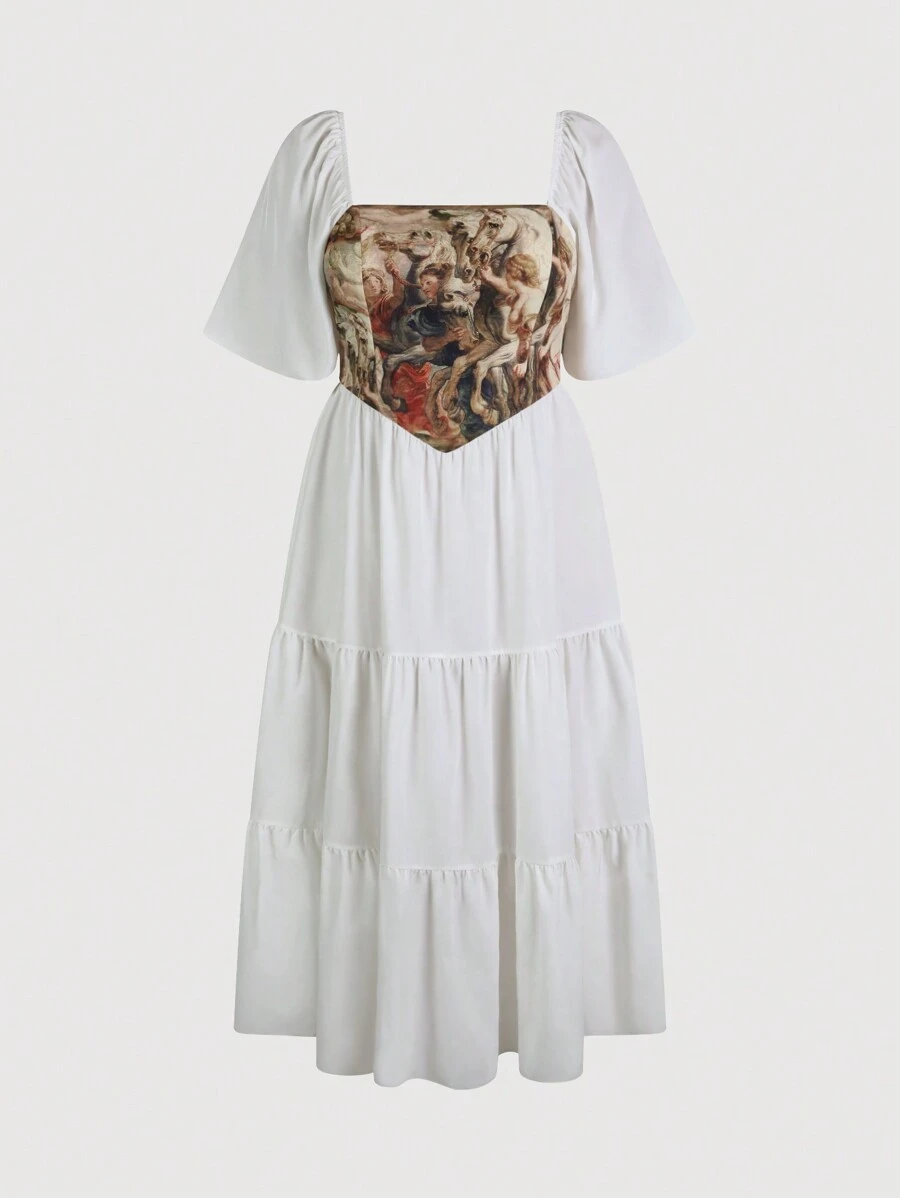 Flirla Vestido Largo Impreso Elegante De Talla Grande Con Escote Cuadrado, Dobladillo Con Volantes Y Silueta De Línea A