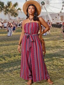 SHEIN VCAY 大尺碼條紋印花無肩跳跳裝配帶,適用於度假 - 彩色 - 查看 5