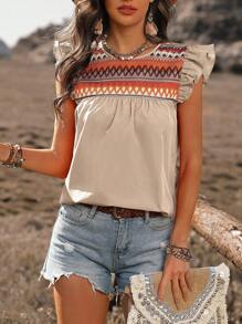 EMERY ROSE Women's Geometric Printed Round Neck Cap Sleeve Blouse Tops - Apricot - View 4