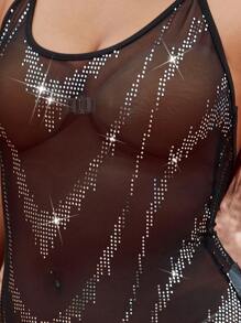 SHEIN SXY Music Festival Western Style Boho Fashion Gorgeous Women's Black Mesh Hollow Details Sequins Laser Zigzag Sexy Resort Nightclub Hot Girls Charming High-End Elegant Tight High-Elastic Mid-Length Long Jumpsuit - Black - View 6