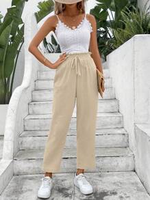 SHEIN Frenchy Xu hướng: Cắt giảm Thêu Vá lại Ren Cami ngọn Và Quần chân thẳng - Màu be - Xem 5